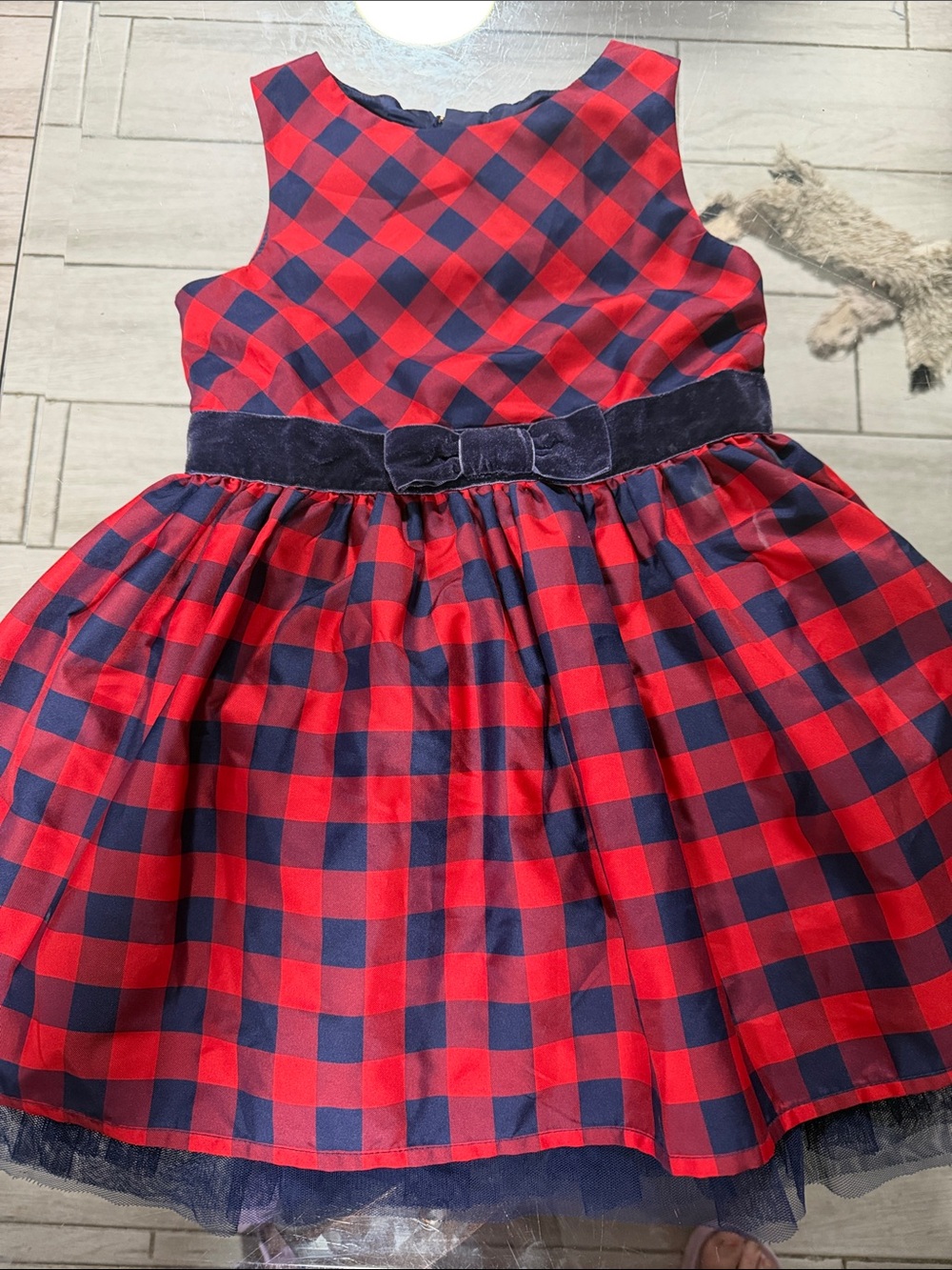 Cat & Jack Red and Navy Plaid Party Dress with Velvet Waistband